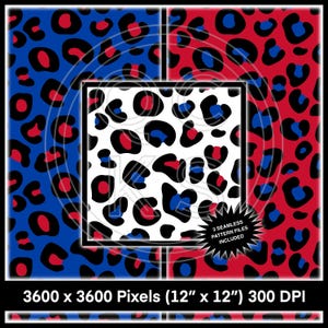 May include: Digital seamless patterns in red, blue, black, and white leopard print designs. The image includes three different patterns, each with a unique color scheme. The image is 12" x 12" and includes 3 seamless pattern files.