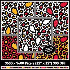 May include: A seamless pattern featuring a leopard print with black, white, red, and yellow spots. The pattern is available in five different color variations.