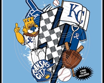 Può includere: Un'illustrazione digitale a tema Kansas City Royals. Il design presenta un fulmine a scacchi, una palla da baseball, un guanto da baseball, una mazza da baseball, una maglia da baseball, un cappello da baseball, una mascotte e una bandiera con le lettere "KC".