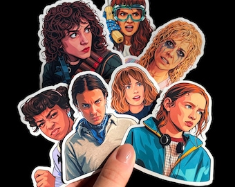 Sticker-Set „Girl Power der 80er“ / Retro-Abenteuer- und Heldinnen-Vibes / Wasserfestes Sticker-Set „Fan-Art von Fremden“