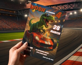 Racing Dinosaurier Geburtstag einladen bearbeitbare Canva Download Jungen Auto Party Vorlage