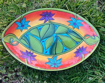 Terri Kern hand made ceramic oval/eye shaped platter/wall decor plate/ bird bath in bright colorful pattern