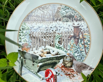 1984 Collectible Plate from the Garden Year with a Winter Landscape. December. First Edition Fina Porcelain.