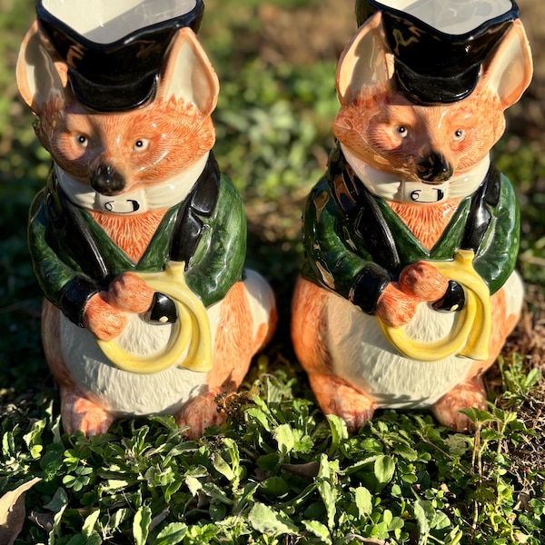 Vintage Fitz and Floyd Christmas Fox Hunt Pitchers, 1986, Handpainted