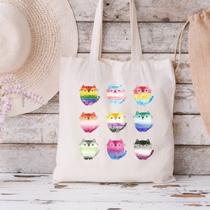 LGBTQIA+ Pride Cat Tote Bag, Pride Month Gift, Gay Pride Rainbow Tote, Transgender, Bisexual, Pansexual, and Lesbian Pride Flags Tote, Ally