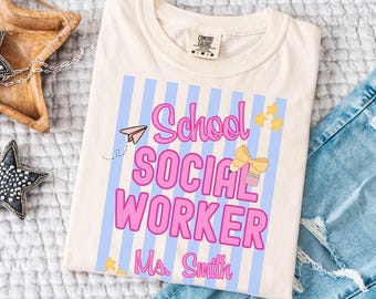 Personalized School Social Worker Shirt, Trendy Neon Stripes, Custom Gift for Social Work Appreciation Month, Comfort Colors