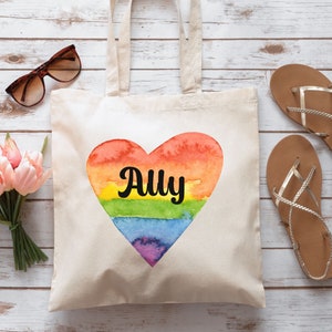 Rainbow Pride Ally Tote Bag, Pride Month Gift, LGBTQ Tote Bag, Rainbow Heart, Reusable Tote Bag