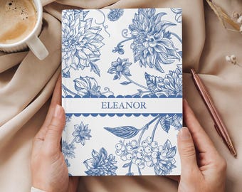 Personalized Blue Toile Journal for Daily Writing, Custom Notebook Keepsake, Birthday Gift for Her, Gift for Friend