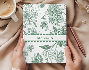 Personalized Green Toile Journal for Daily Writing, Custom Notebook Keepsake, Birthday Gift for Her, Gift for Friend