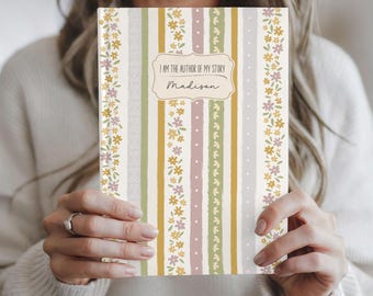 Personalized Cottagecore Floral Stripe Hardcover Journal for Daily Writing, Custom Notebook Keepsake Gift for Her