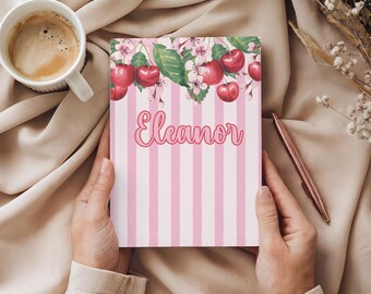 Personalized Retro Stripes and Cherries Journal for Daily Writing, Custom Notebook Keepsake Gift for Her