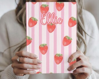 Personalized Retro Stripes and Strawberries Journal for Daily Writing, Custom Notebook Keepsake Gift for Her
