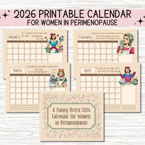 Calendario imprimible retro de perimenopausia 2026. Calendario digital divertido para mujeres en perimenopausia.