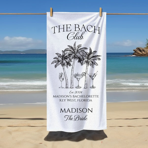 The Bach Club Beach Towel, Custom Bachelorette Party Location Beach Towels, Personalized Bridal Party Gifts, Cocktail Social Club Bach