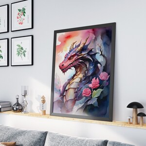 Printable watercolor dragon, wall art, digital art prints, fantasy prints, game room wall art, instant download, digital download