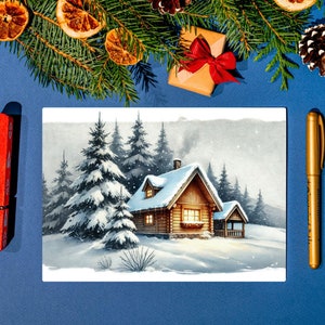 Acquerello Snowy Cabin Winter Wonderland biglietto vuoto, decorazione carina, Buone Feste, Regalo per chiunque, download immediato, PDF, pieghevole, 5x7