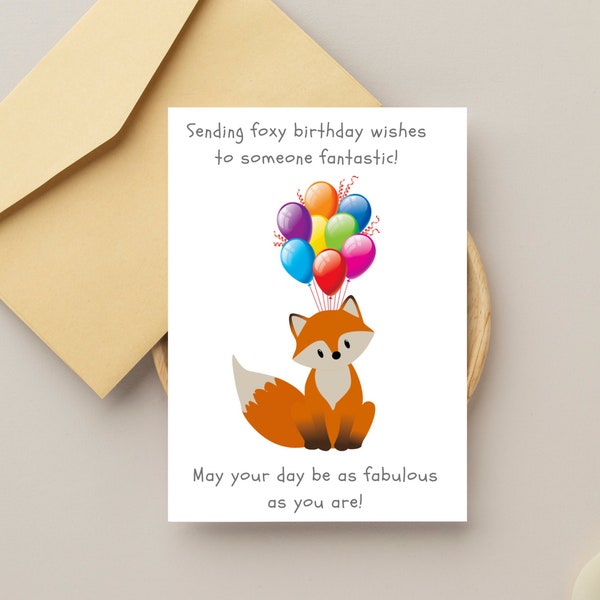 Foxy Birthday Card, carte anniversaire renard, Birthday Wishes, gift for anyone, cute fox, gift for her, Fox Greeting Card for Birthdays