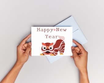Cute Lunar New Year Card, Lion Dance (PDF, 5x7)