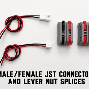 May include: Two sets of red and black wires with white JST connectors and two gray lever nut wire splices with red and black levers. The text MALE/FEMALE JST CONNECTORS AND LEVER NUT SPLICES is printed in black at the bottom of the image.