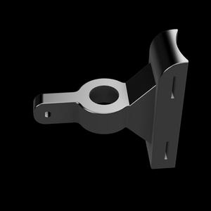 May include: A metallic gray bracket with a circular opening and a curved top. The bracket has a rectangular base with two slots and a cylindrical extension with a small hole. The object is set against a black background.