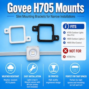 May include: Govee H705 slim mounting brackets for narrow installations, featuring one white and one black square frame. Includes a compatibility chart for H705, H805, and H805 Elite lights, noting they are not for H706 Pro. Made of weather-resistant PETG.