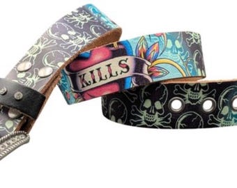 Vintage Ed Hardy Handmade Genuine Leather Black Skull Belt with Rhinestones. Ed Hardy Eternal Love Leather Belt Black Skull Rhinestones  main image 4