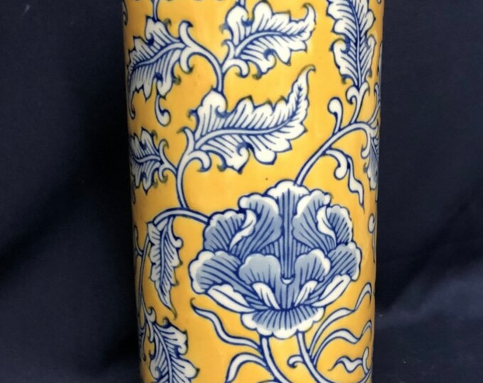 Tall Asian Flower Vase in Blues and Yellows Etsy
