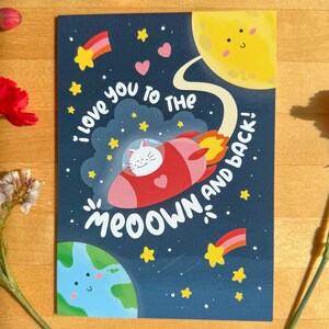 Love You to the Meoown and Back Card, Valentine's Day Pun Greeting Card, Cute Cat Card, Pun Greeting Card, Valentine's Day Cat Card