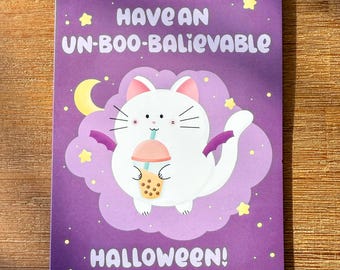 Halloween Pun Card, Halloween Cat Card, Halloween Greeting Card, Cute Halloween Card, Boba Cat Halloween Card, Purple Halloween Card