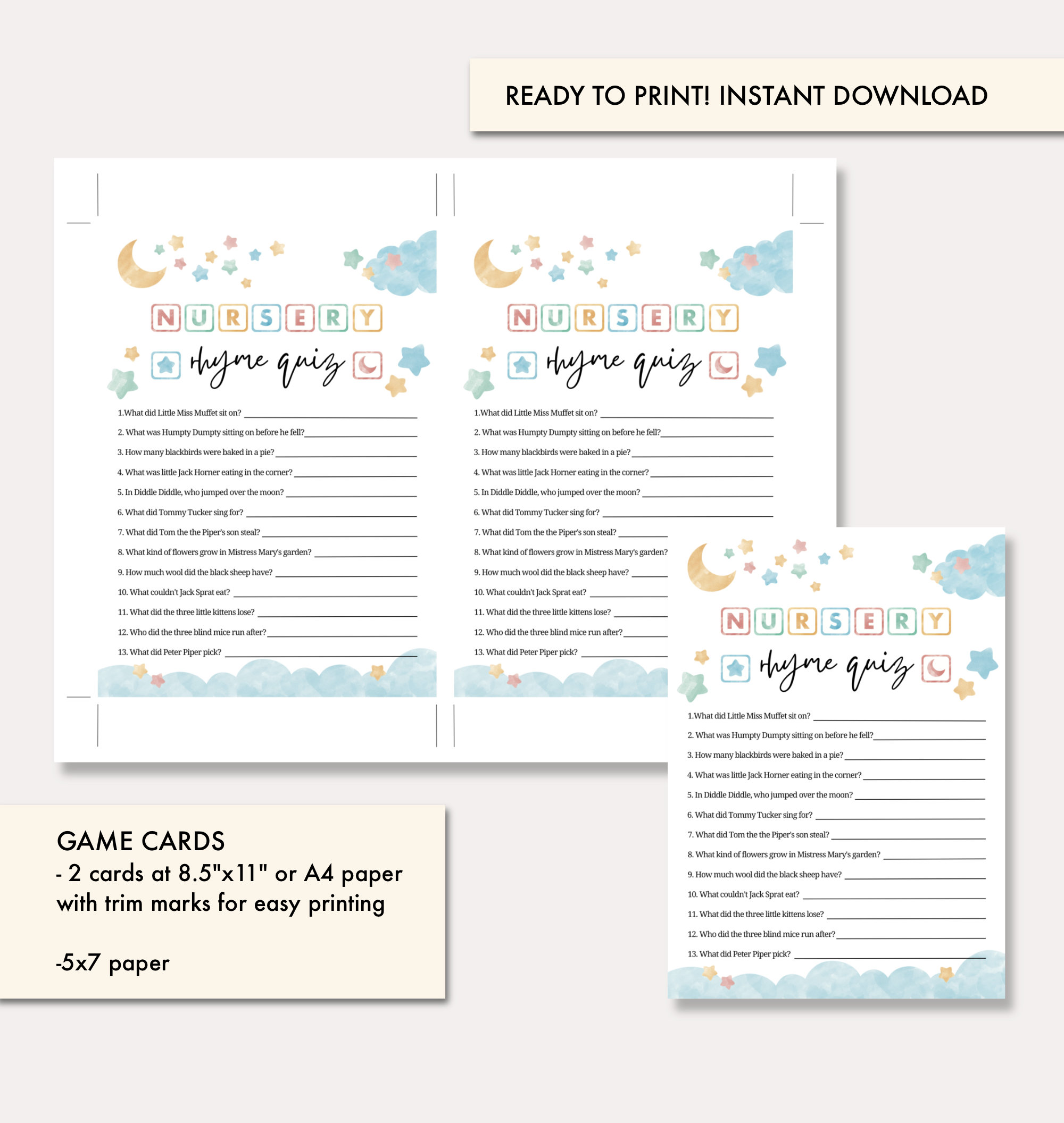 Guess the Nursery Rhyme Game, Printable Baby Shower Game, Moon and Star ...