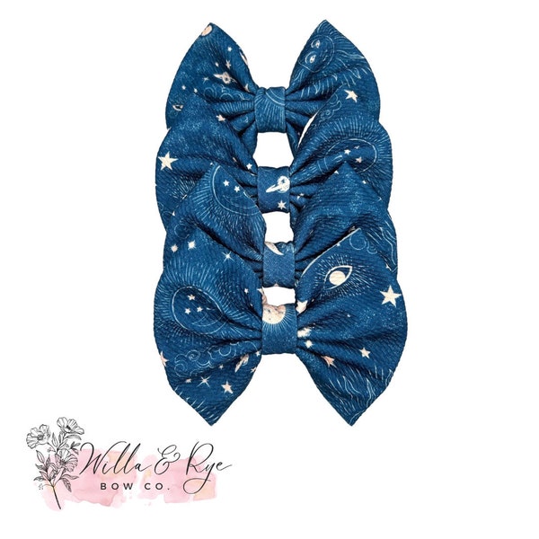 Celestial Blue Large Hair Bow - Sun and Moon - Handmade - Bullet Knit Fabric - Hairbows & Accessories