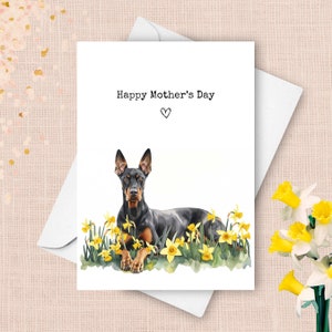 Dobermann Muttertagskarte, vom Hund Dobermann Pinscher Gruß, gelbe Narzissen Geschenk für Mama, Frühlingsblumen Aquarell vorhanden