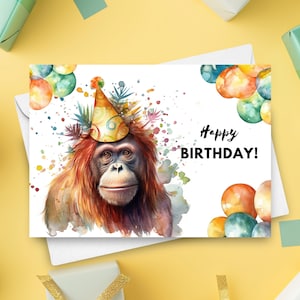Biglietto di auguri di compleanno con orangutan con cappello da festa, buon compleanno, regalo scimmia, biglietto d’auguri di compleanno con animale Zoo Safari, illustrazione ad acquerello