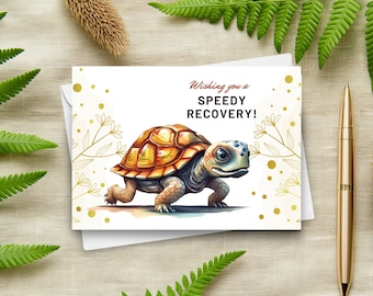 Tarjeta divertida de recuperación quirúrgica, carrera de tortugas, tarjeta de "Pronto te recuperarás", ilustración en acuarela para desearte una pronta recuperación.