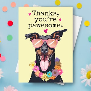 Dobermann Dankeskarte, lustiger Haustierhund dank humorvoller Wortspielgruß, benutzerdefinierter Name personalisiertes Geschenk, Dobermann Pinscher Sonnenbrille vorhanden
