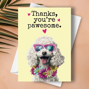 Carte de remerciement drôle de caniche, voeux de jeu de mots humoristique pour chien de compagnie, cadeau personnalisé avec nom personnalisé, caniche blanc heureux avec lunettes de soleil en cadeau
