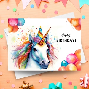 Regenbogen Einhorn Geburtstagskarte mit Partyhut, Einhorn Geburtstagsgeschenk, Regenbogen Einhorn Geburtstagsparty, Aquarell Kunst Illustration