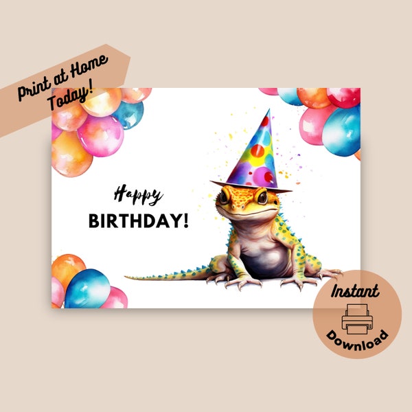 Printable Gecko Birthday Card, Instant Download, Print at Home Card, Leopard Gecko Birthday Card, Watercolor Illustration, Lizard Gift