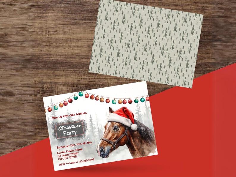 Horse Christmas Party Invitation, Digital Editable Template, Print at