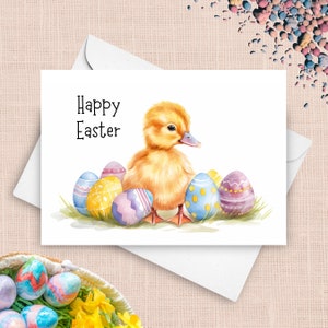 Carte de Pâques bébé canard, caneton avec voeux d'oeufs de Pâques pastel, joli cadeau animal de la ferme printanier, adorable panier de Pâques aquarelle cadeau
