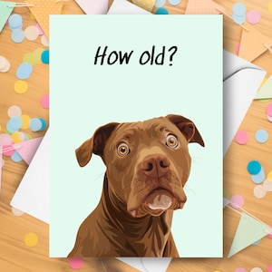 Lustige Pitbull-Geburtstags-Karte, wie alt überraschter neckender humorvoller Witz-Gruß, immer älter alternder brauner Pitbull-Terrier-Welpen-Hundegeschenk