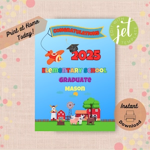 Carte imprimable de remise des diplômes d'école primaire, modèle modifiable à imprimer à la maison, carte de félicitations avec nom, ferme avec avion et animaux
