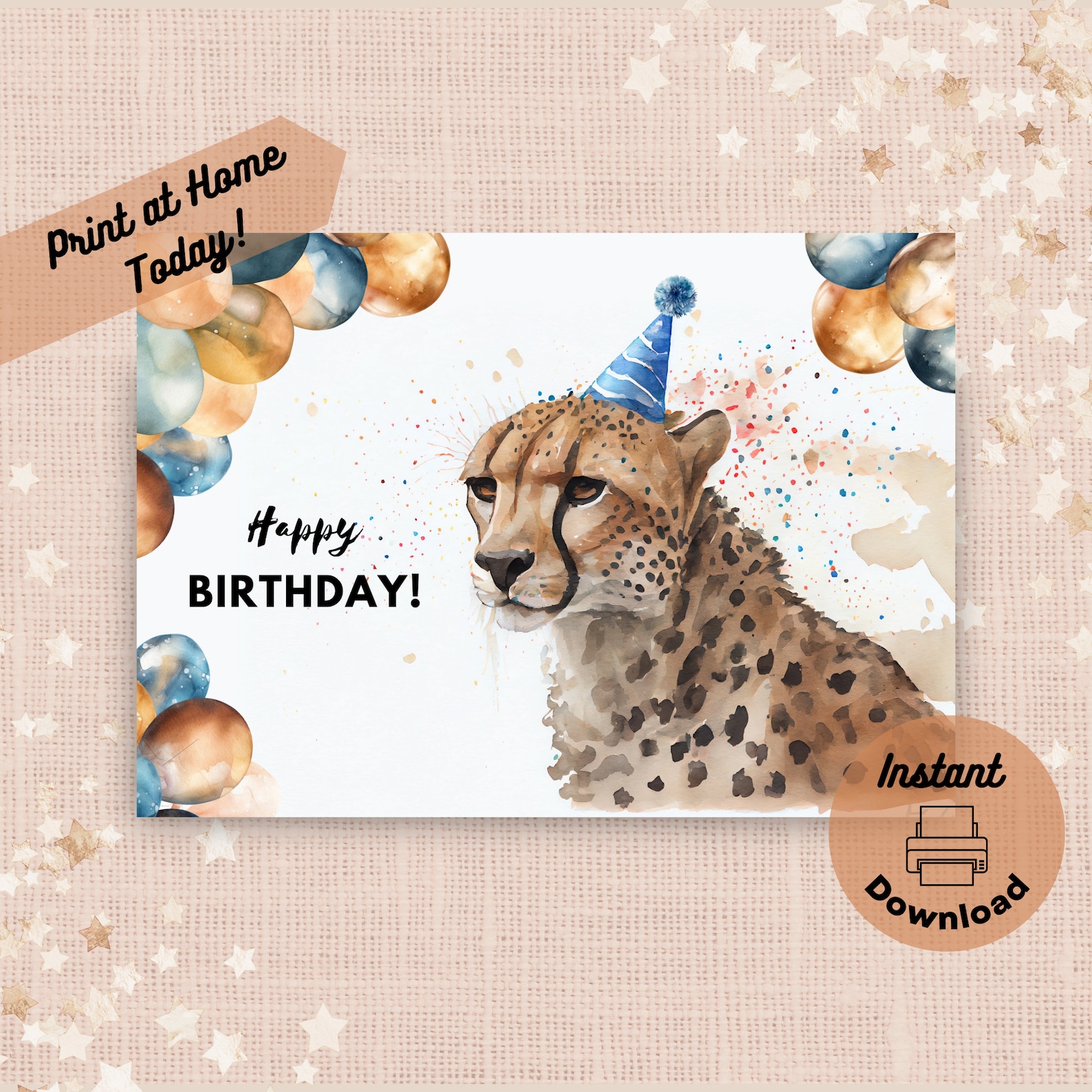 Printable Cheetah Birthday Card, Instant Download, Print at Home Card ...