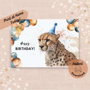 Cartão de aniversário de chita para impressão, download instantâneo, cartão para imprimir em casa, presente para festa com tema de safári, ilustração de arte em aquarela de animal de zoológico