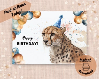 Printable Cheetah Birthday Card, Instant Download, Print at Home Card, Safari Theme Party Gift, Zoo Animal Watercolor Art Print Illustration