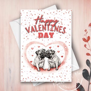 Tarjeta de San Valentín con un carlino, feliz día de San Valentín, adorables carlinos enamorados, retrato de perro para mamá carlino, corazones de amor, ilustración única en acuarela