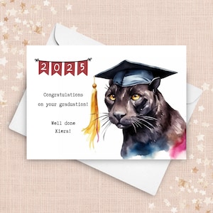Panther afstudeerkaart, afstuderen 2025 aangepaste kaart gepersonaliseerd, High School College University afstuderen, gefeliciteerd schoolmascotte