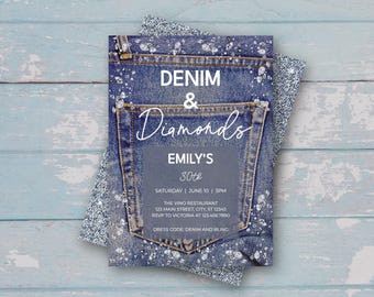 Denim and Diamonds Birthday Party Invitation, Editable Digital Template Printable Instant Download, Rustic Glam Bling Birthday Event Invite
