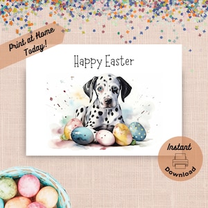 Druckbare Dalmatiner Welpe Hund Osterkarte, sofortiger Download Druck zu Hause Ostereier Haustier Grußkarte, Aquarell Baby Tier Korb Geschenk