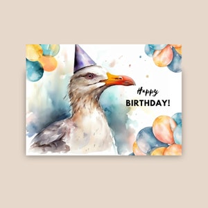 Geburtstagskarte Möwe mit Partyhut, alles Gute zum Geburtstag, Geschenk Möwe, Strand Küste Geburtstag, Grußkarte Vogel, Aquarell Kunst Illustration
